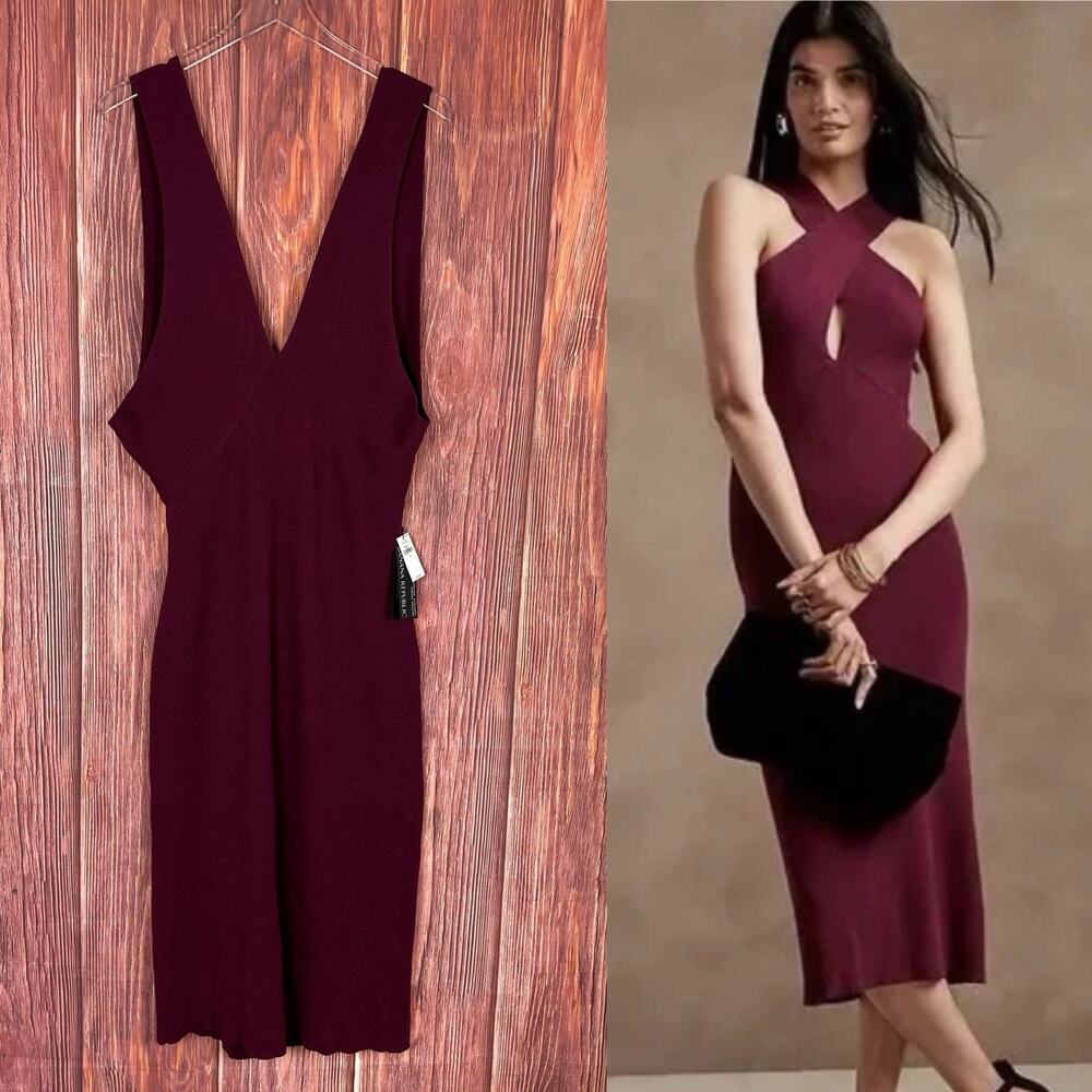 Banana Republic Halter Sweater Midi Dress Womens Size XL Burgundy NWT $140